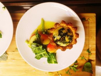 High angle view of meal served on table