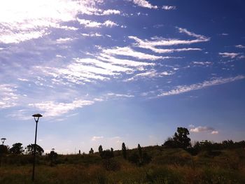 Low angle view of street lights on field against sky