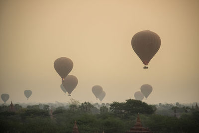 Hot air balloons against sky during sunset