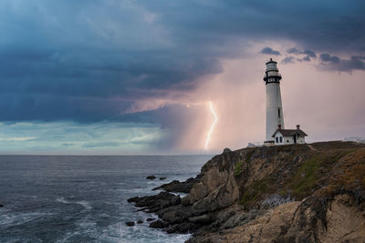 Pigeon point lighthouse on pacific coastal by beautiful seascape at sunset