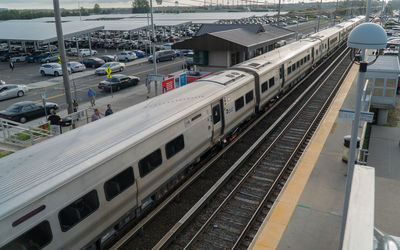 High angle view of train at railroad station