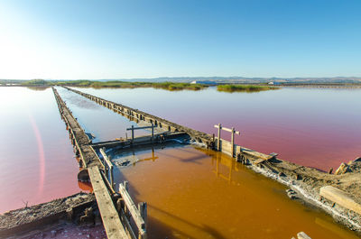 Scenic view of lake against clear blue sky