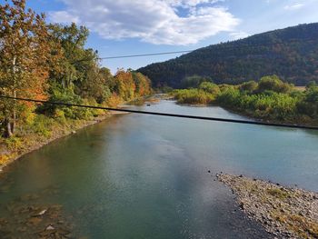 Scenic view of river by mountains against sky