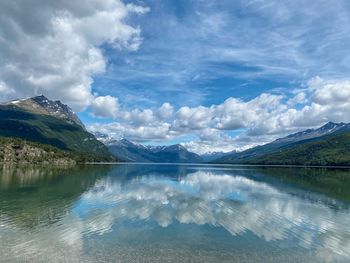 Scenic view of lake and mountains against sky