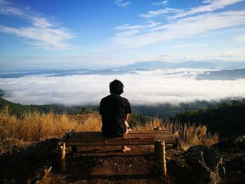 Rear view of woman sitting on bench at observation point