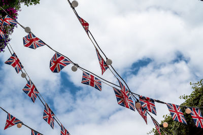 Low angle view of flags against sky