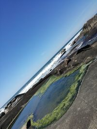 Scenic view of sea against clear blue sky
