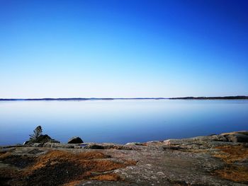 Scenic view of lake against clear blue sky