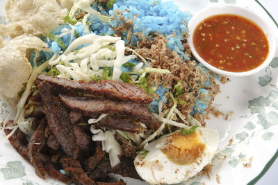 High angle view of meal served in bowl