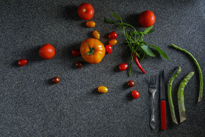 High angle view of tomatoes on table