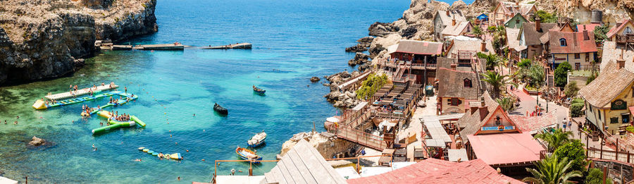 High angle view of boats on beach