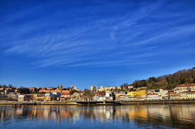 Buildings by river against blue sky