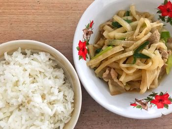 High angle view of meal served in bowl on table