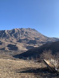 Scenic view of arid landscape against clear blue sky