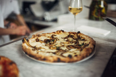 Close-up of pizza on table