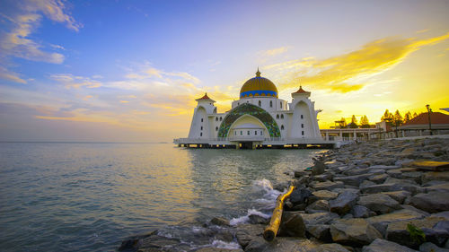 Beautiful view of majestic malacca straits mosque during sunset