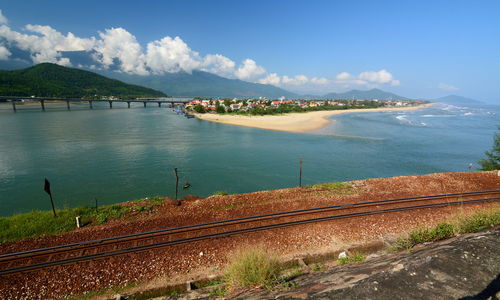 High angle view of railroad track against river