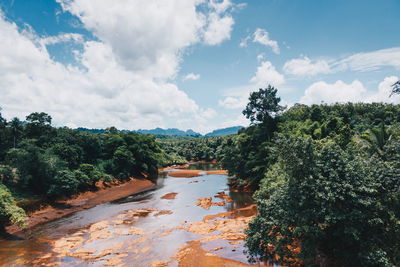 High angle view of shallow river in forest against cloudy sky