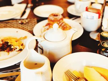 High angle view of breakfast served on table