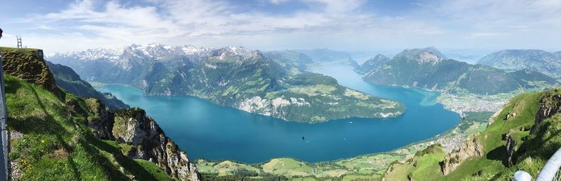 High angle view of lake amidst mountains against sky