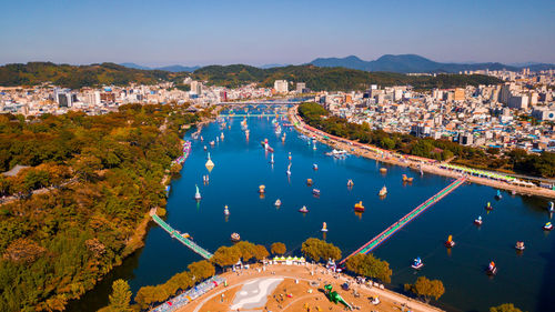High angle view of buildings in city