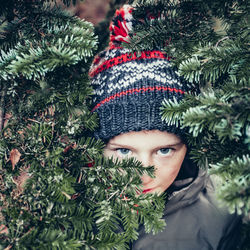 Portrait of boy amidst christmas tree outdoors