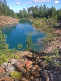 Scenic view of lake by trees against sky