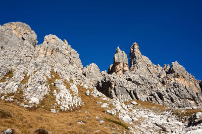 Low angle view of mountain against clear blue sky