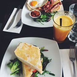 High angle view of breakfast served on table