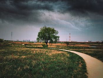 Scenic view of field against cloudy sky