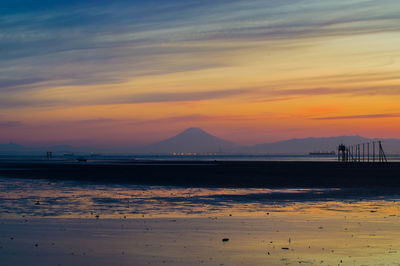 Scenic view of beach against sky during sunset