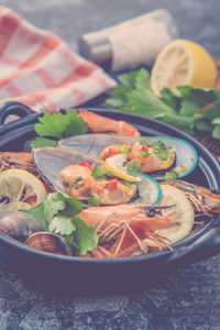 High angle view of vegetables in bowl on table