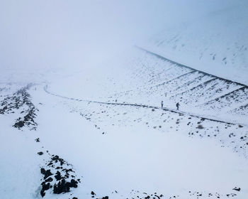 Snow covered landscape against clear sky