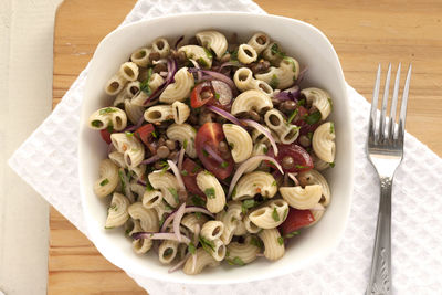 High angle view of salad in plate on table