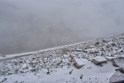 Close-up of snow covered mountain against sky