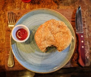 High angle view of breakfast on table