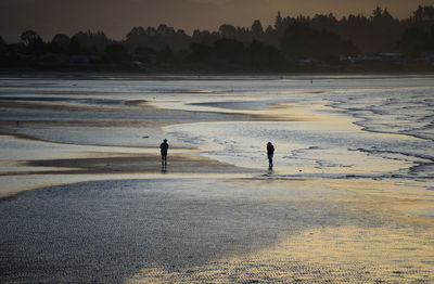 Silhouette people on beach against sky during sunset