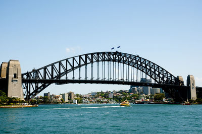 Bridge over river in city against clear sky