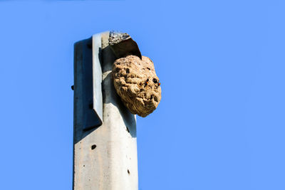 Low angle view of wooden post against clear blue sky