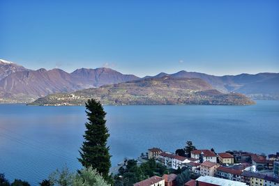 Scenic view of lake and mountains against blue sky