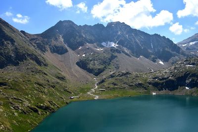 Scenic view of lake by mountains against sky