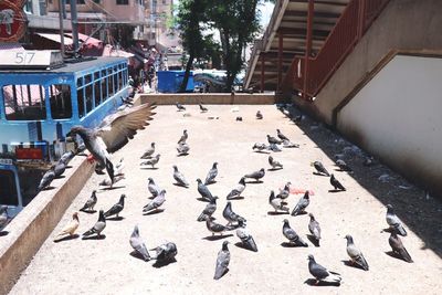 High angle view of people on footpath amidst buildings in city