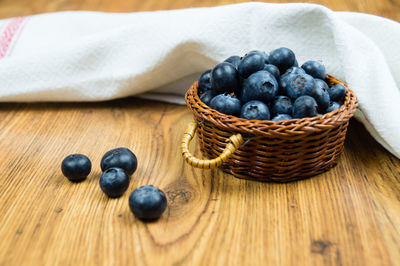 High angle view of fruits in basket on table