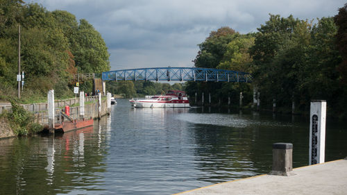 Boats moored on river by trees against sky