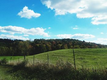 Scenic view of grassy landscape by trees against cloudy sky