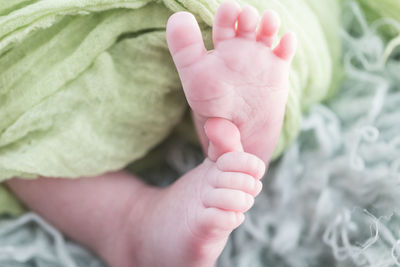 Close-up of bare baby feet on carpet