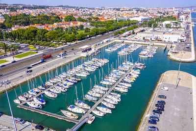 High angle view of boats moored at harbor