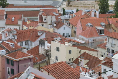 High angle view of residential buildings in city