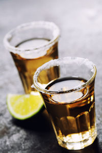 Close-up of beer glass on table