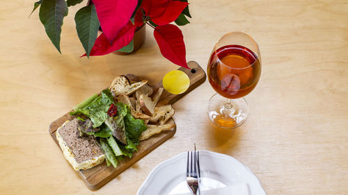 High angle view of drink on table